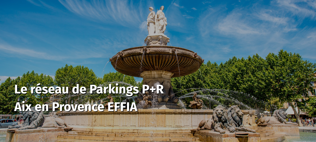 Bannière fontaine de la Rotonde à Aix-en-Provence avec ses statues de lions et ses jets d'eau.