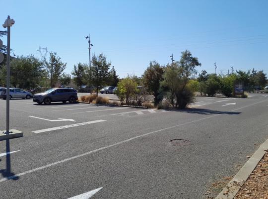 Aire de stationnement aérienne du parking P1 avec places délimitées et zones végétalisées.