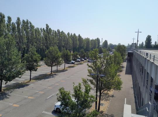 Vue aérienne du plateau de stationnement arboré au parking EFFIA P2-P3.