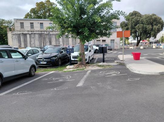 Emplacements de stationnement extérieurs réservés à la recharge des véhicules électriques, avec bornes et marquage spécifique au sol.