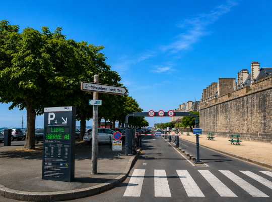 Entrée du parking P4 avec portique de gabarit et panneau d'affichage des places disponibles.