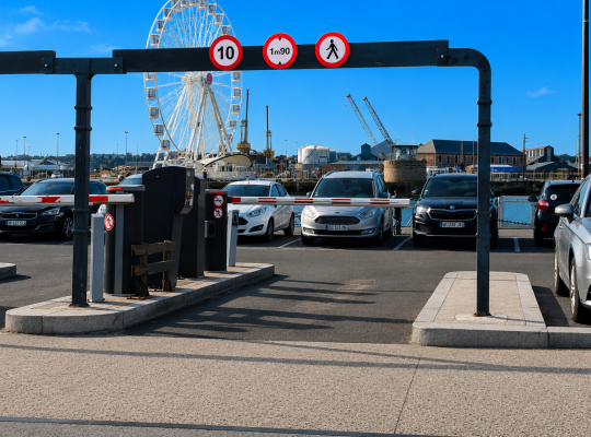 Portique de limitation de hauteur et barrières automatiques marquant l'accès au parking.