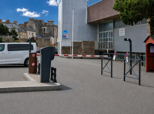 Entrée du parking P1 devant la salle de sports, équipée de barrières automatiques d'accès.