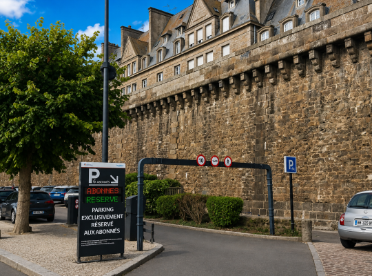 Entrée du parking P6 réservé aux abonnés, matérialisée par un portique de hauteur et un panneau d'affichage.