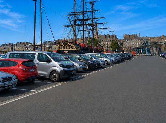 Alignement de véhicules stationnés sur le quai avec un grand voilier traditionnel en arrière-plan.