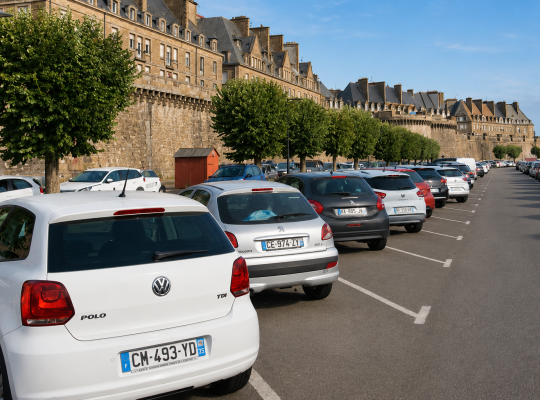 Rangée de véhicules stationnés le long de l'allée bordée d'arbres, au pied des remparts historiques.
