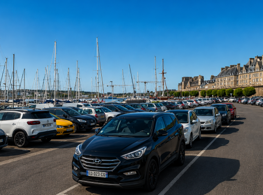 Alignement de véhicules stationnés sur le parking extérieur en bordure du port de plaisance et des remparts.