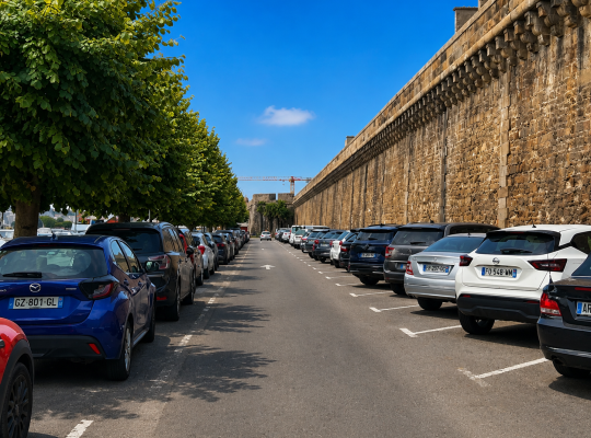 Allée de stationnement bordée de véhicules au pied de la muraille des remparts et sous les arbres.