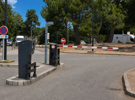 Voie de sortie du parking bordée d'arbres et contrôlée par une barrière automatique.