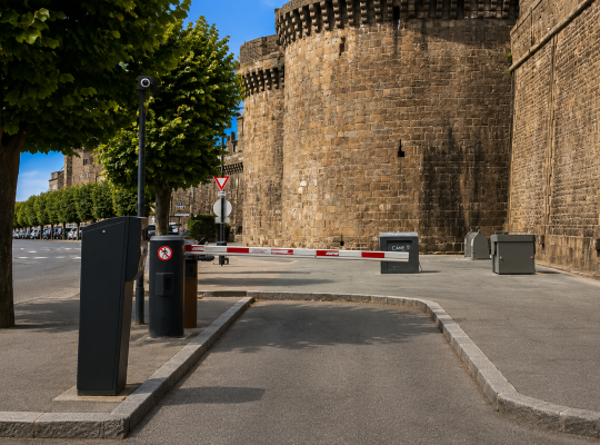 Voie de sortie du parking avec borne de paiement et barrière automatique, située au pied des hautes tours en pierre des remparts.
