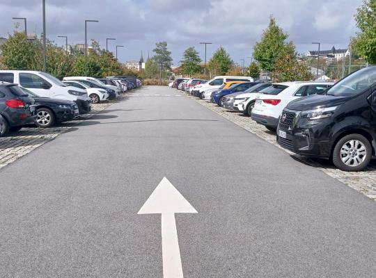 Allée centrale asphaltée bordée de voitures garées dans le parking extérieur.